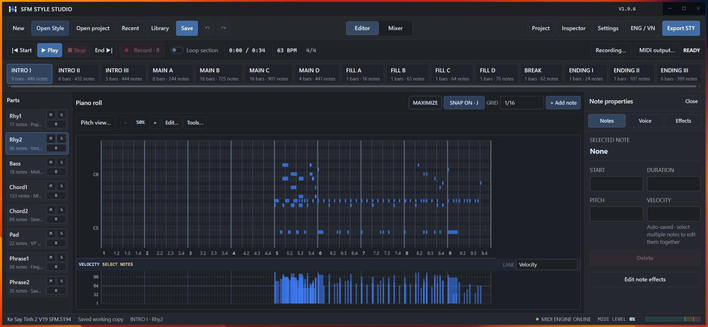 SFM Style Studio Piano Roll editor and Yamaha Style workflow