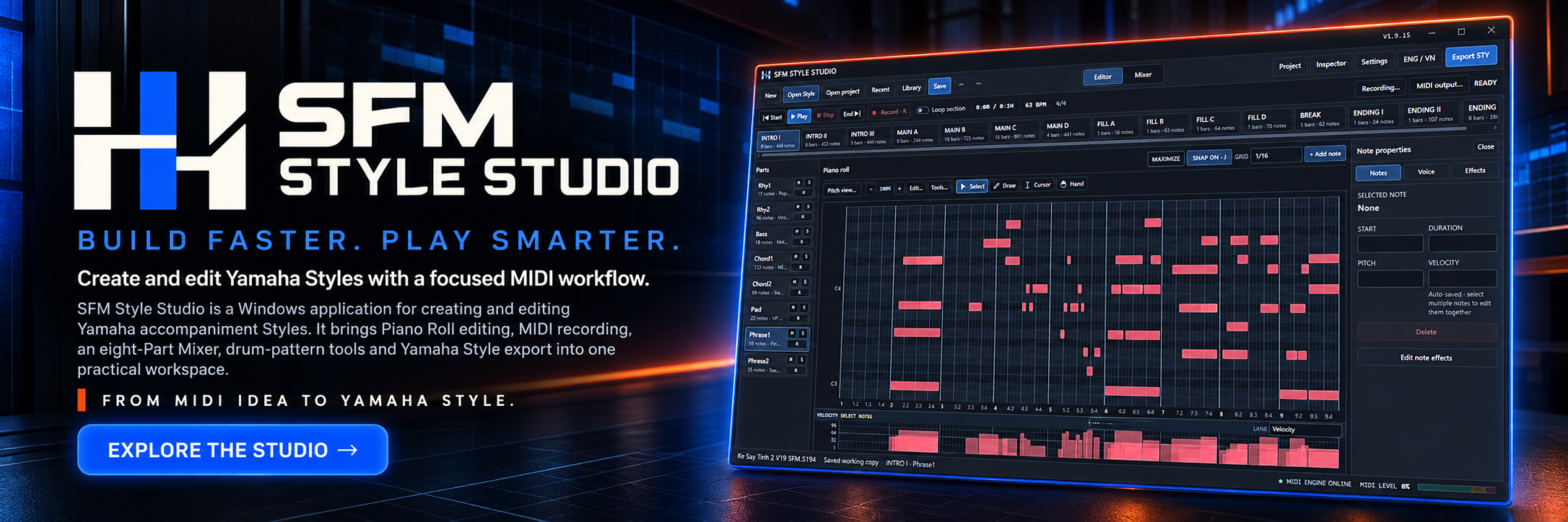 SFM Style Studio software for Yamaha Style creation and MIDI editing